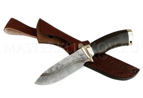 Нож из дамасской стали Бобр, долы, камень, рукоять - черный граб, мельхиор