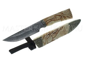 Нож Золотоискатель, торцевой дамаск, рог лося, ножны - рог лося, литье