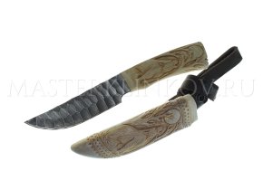 Нож Егерь, дамасская сталь, рукоять и ножны - резьба по кости