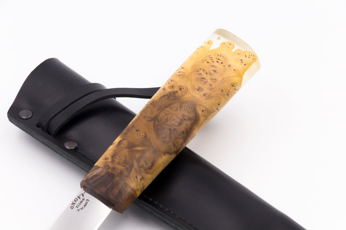 Нож из стали Х12МФ Якут средний, рукоять - кап каштана, акрил