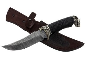 Нож из дамасской стали Восток, черный граб, резьба, литье Кобра