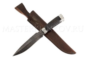 Нож из дамасской стали Осетр-2, рукоять - черный граб, резьба, литье