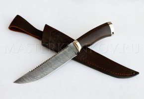 Нож из дамасской стали Осетр пила, рукоять - черный граб, мельхиор