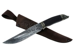 Нож из дамасской стали Осетр, гравировка, рукоять - венге, резьба, литье