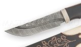 Нож из дамасской стали Егерь, долы, камень, ножны - граб, рог лося