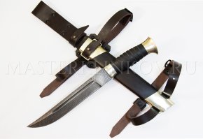 Нож из дамасской стали Казак (пластунский), рукоять - кожа, ножны - черный граб, литье