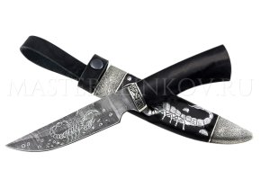 Нож из дамасской стали Золотоискатель, гравировка, черный граб, литье