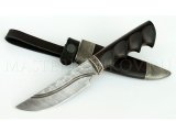 Нож из дамасской стали Егерь, долы, камень, ножны - черный граб, литье