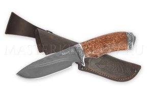 Нож из булатной стали Бобр, долы, камень, рукоять - карельская береза, литье