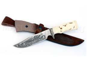 Нож из дамасской стали Фрегат, гравировка, резьба, кость
