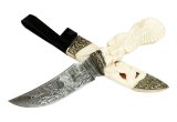 Нож из дамасской стали Восток, рог лося, ножны резные из бивня моржа