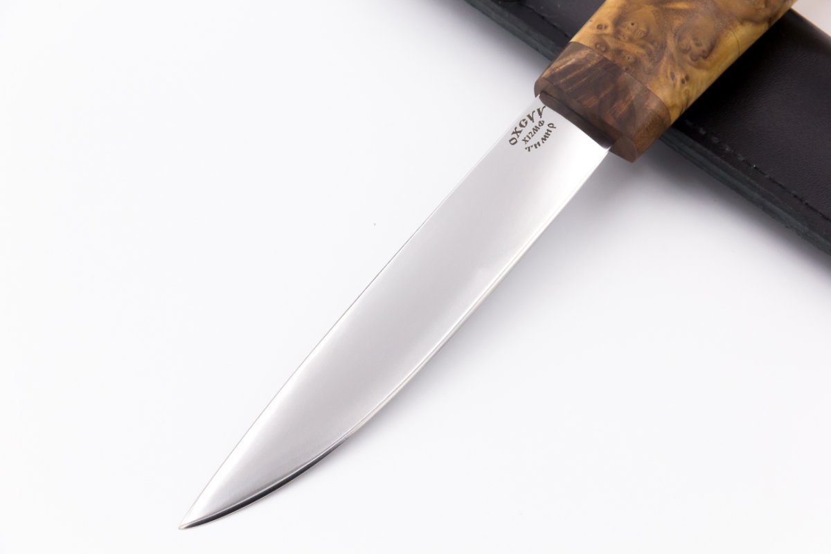 Нож из стали Х12МФ Якут средний, рукоять - кап каштана, акрил