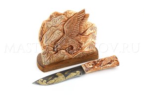Нож из дамасской стали Беркут, гравировка золочением, рукоять - подставка- рог лося, резьба