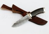 Нож из дамасской стали Бобр, долы, камень, рукоять - черный граб, мельхиор