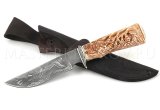 Нож из дамасской стали Цезарь, гравировка утки, рукоять - резьба по кости