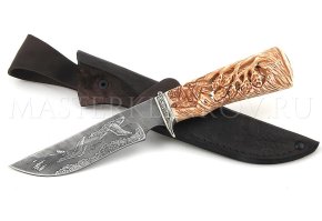 Нож из дамасской стали Цезарь, гравировка утки, рукоять - резьба по кости