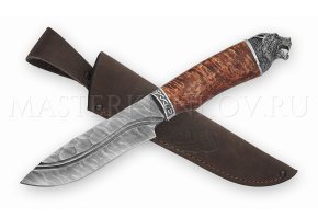 Нож из дамасской стали Волк, долы, камень, рукоять - карельская береза, литье