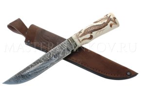 Нож из дамасской стали Осетр, гравировка, рукоять - рог лося, выжигание