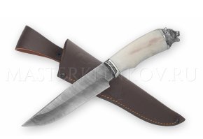 Нож из дамасской стали Белый медведь, рог лося, литье - медведь