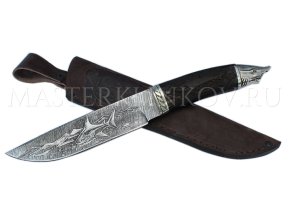 Нож из дамасской стали Акула, гравировка, рукоять - венге, резьба, литье
