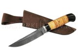 Нож из дамасской стали Судак, рукоять береста, граб