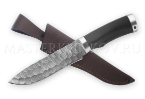 Нож из дамасской стали Беркут,оформление - камень, рукоять - черный граб, мельхиор